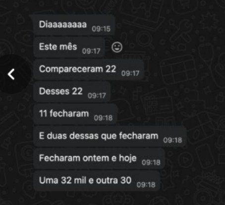 Mensagem de cliente de clínica odontológica relatando comparecimento, fechamento e valores de venda.